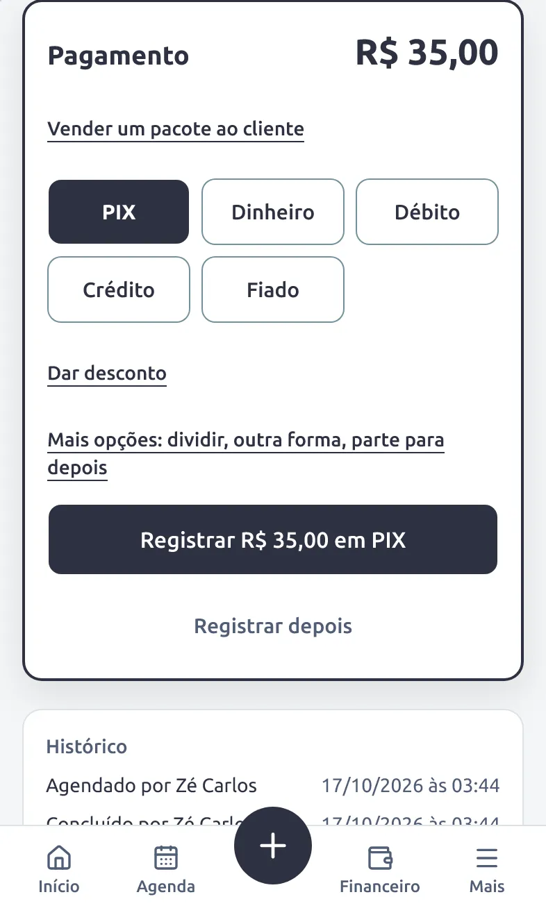 Pagamento de R$ 35,00 com PIX escolhido e o botão Registrar R$ 35,00 em PIX.