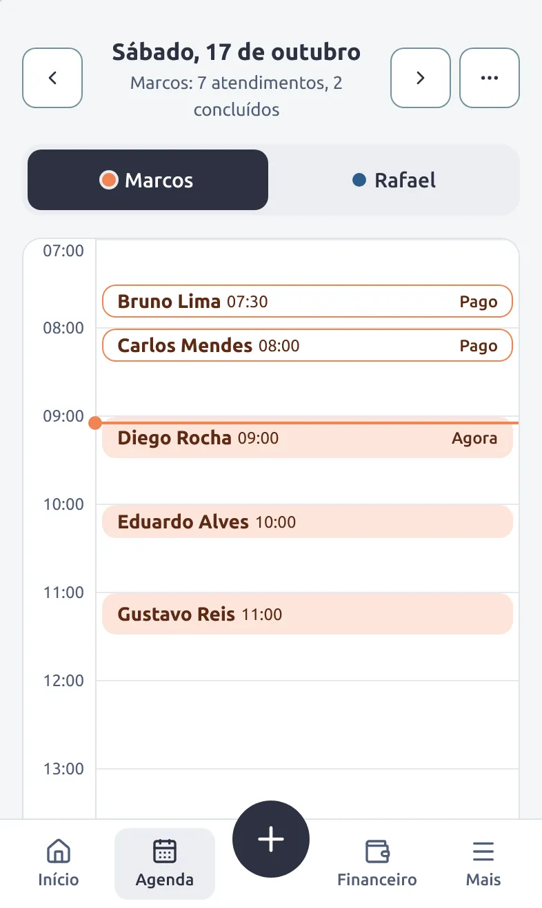 Agenda do Marcos às 9h05: Bruno Lima e Carlos Mendes pagos, Diego Rocha agora, depois Eduardo Alves e Gustavo Reis.