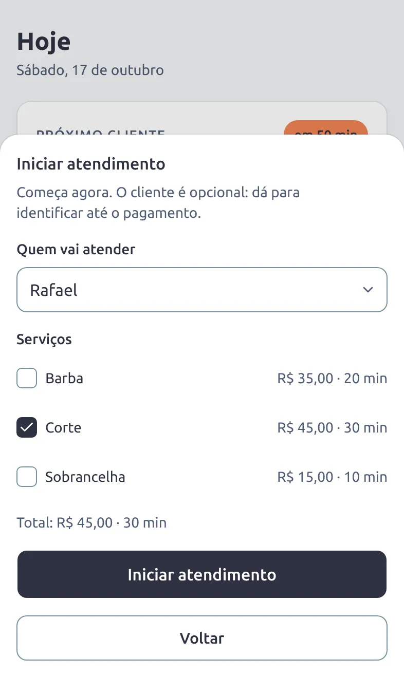 Iniciar atendimento: começa agora, o cliente é opcional, o Rafael atende e o Corte de R$ 45,00 está escolhido.